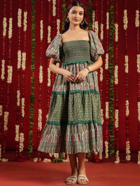 Printed Cotton Tier Off Shoulder Ethnic Midi Dress