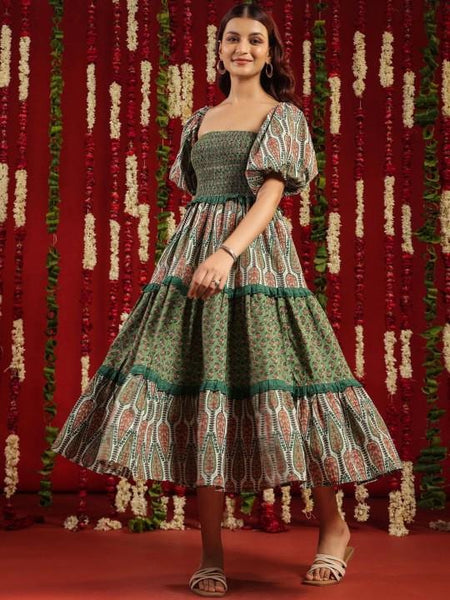 Printed Cotton Tier Off Shoulder Ethnic Midi Dress