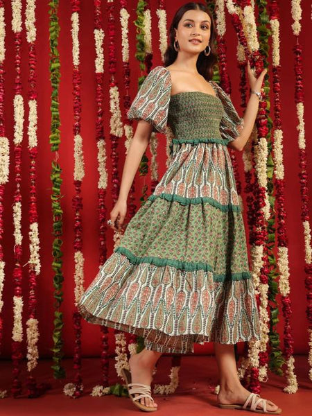 Printed Cotton Tier Off Shoulder Ethnic Midi Dress