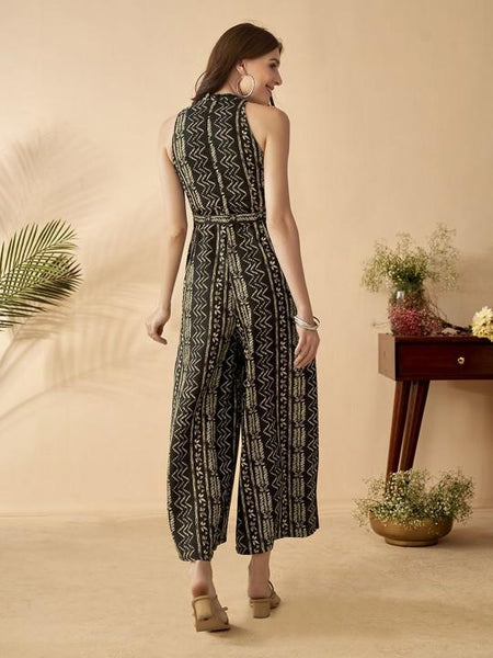 Ethnic Motifs Printed Halter Neck Sleeveless Jumpsuit For Women, Indian Jumpsuit, Indian One Piece Dress, Indo Western Outfit, Fusion Outfit11 VitansEthnics