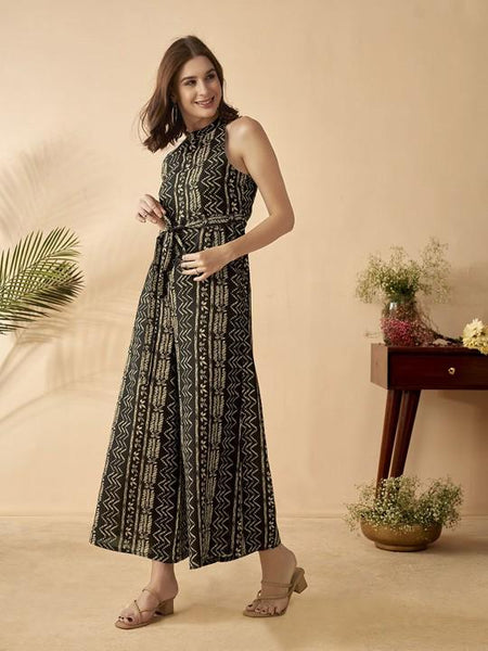 Ethnic Motifs Printed Halter Neck Sleeveless Jumpsuit For Women, Indian Jumpsuit, Indian One Piece Dress, Indo Western Outfit, Fusion Outfit11 VitansEthnics