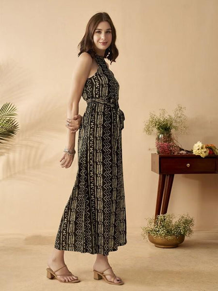 Ethnic Motifs Printed Halter Neck Sleeveless Jumpsuit For Women, Indian Jumpsuit, Indian One Piece Dress, Indo Western Outfit, Fusion Outfit11 VitansEthnics