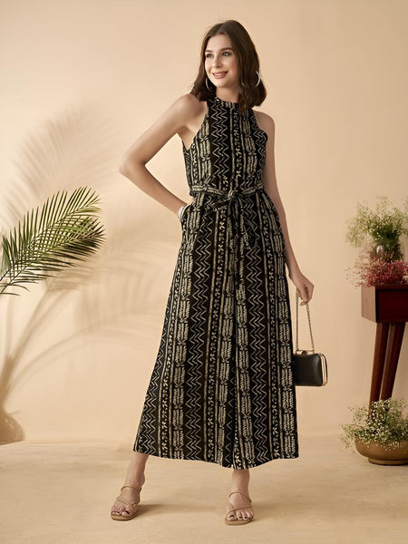 Ethnic Motifs Printed Halter Neck Sleeveless Jumpsuit For Women, Indian Jumpsuit, Indian One Piece Dress, Indo Western Outfit, Fusion Outfit11 VitansEthnics