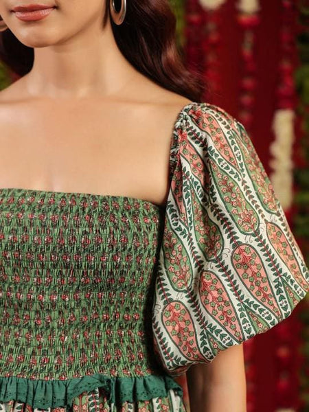 Printed Cotton Tier Off Shoulder Ethnic Midi Dress