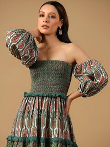 Printed Cotton Tier Off Shoulder Ethnic Midi Dress