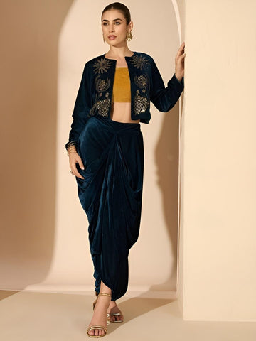 Teal Embellished Jacket With Draped Skirt Set For Women, Indian Jacket with Dhoti Skirt Set, Ethnic Indo Western Outfit, Fusion Co ord Set6 VitansEthnics