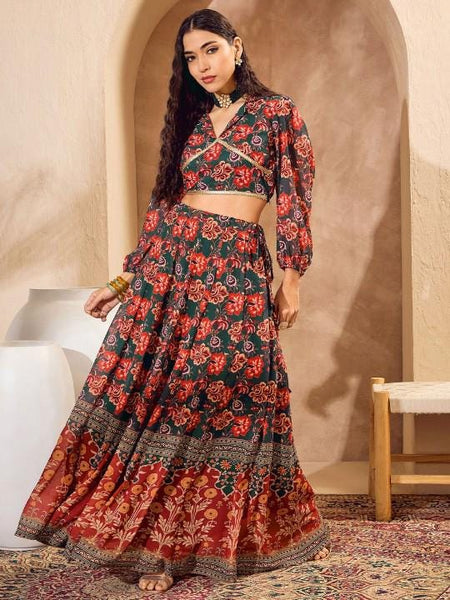Floral Printed Crop Top With Skirt For Women, Indian Lehenga Choli, Wedding Guest Outfit, Indian Dress, Indian Gown Party Indo Western Dress2 VitansEthnics