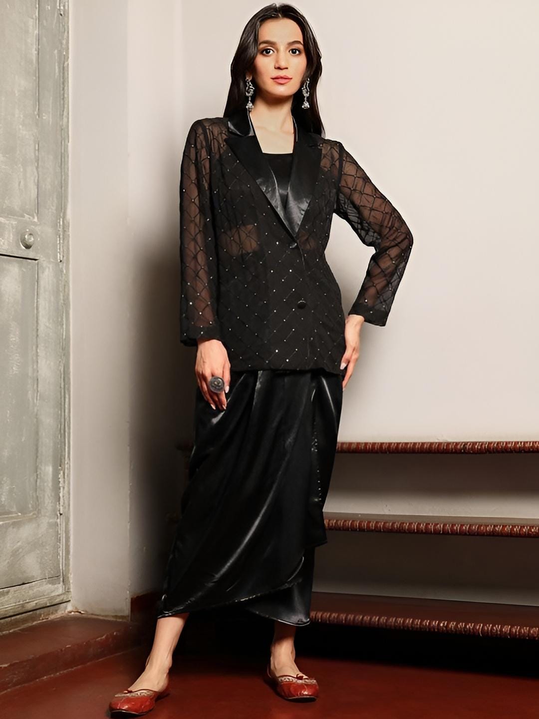 Embellished Crop Top With Drape Skirt and Jacket Set for Women, Coord Set, Ethnic Fusion Indian Dress, Wedding Guest Indo Western Outfit19 VitansEthnics
