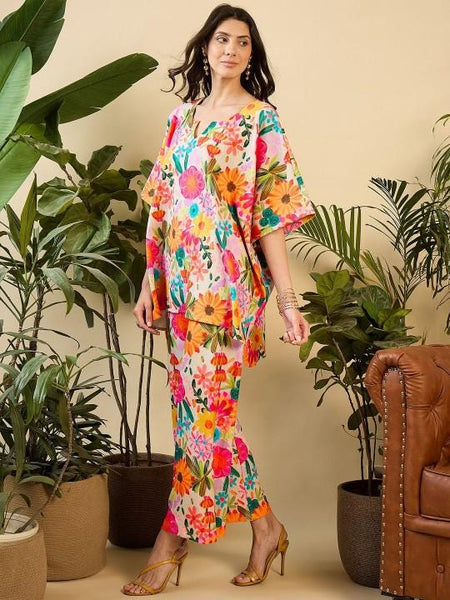 Floral Printed Notch Neck Kaftan Tunic With Trousers Co-Ords for Women, Fusion Outfit, Indian Dress, Indo Western Outfit, Kaftan Kurti Set17 VitansEthnics