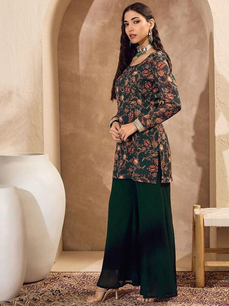 Long Sleeves Floral Printed Kurta with Palazzo For Women, Wedding Guest Indo Western Outfit, Ethnic Indian Dress, Fusion Kurti Suit Set13 VitansEthnics