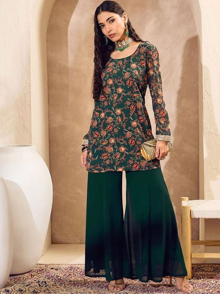 Long Sleeves Floral Printed Kurta with Palazzo For Women, Wedding Guest Indo Western Outfit, Ethnic Indian Dress, Fusion Kurti Suit Set13 VitansEthnics
