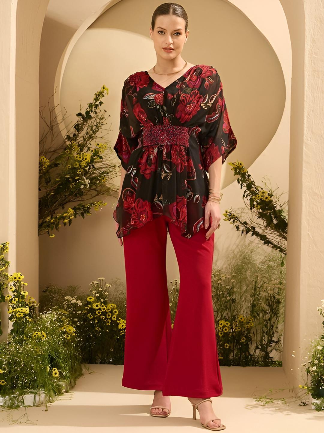 Embellished Floral Printed Kaftan Top With Palazzo Set for Women, Coord Set, Ethnic Indian Dress, Indo Western Outfit, Kaftan Kurti Set8 VitansEthnics