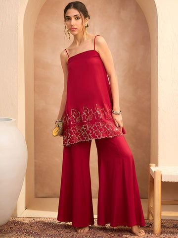 Floral Sequin Embroidered A-Line Kurti with Palazzo For Women, Co-Ords Set, Indo Western Outfit, Ethnic Indian Dress, Fusion Suit Set1 VitansEthnics