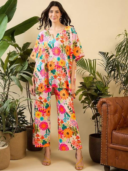 Floral Printed Notch Neck Kaftan Tunic With Trousers Co-Ords for Women, Fusion Outfit, Indian Dress, Indo Western Outfit, Kaftan Kurti Set17 VitansEthnics