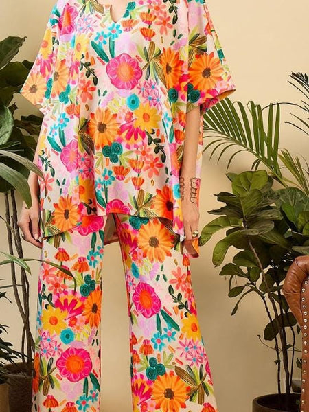 Floral Printed Notch Neck Kaftan Tunic With Trousers Co-Ords for Women, Fusion Outfit, Indian Dress, Indo Western Outfit, Kaftan Kurti Set17 VitansEthnics