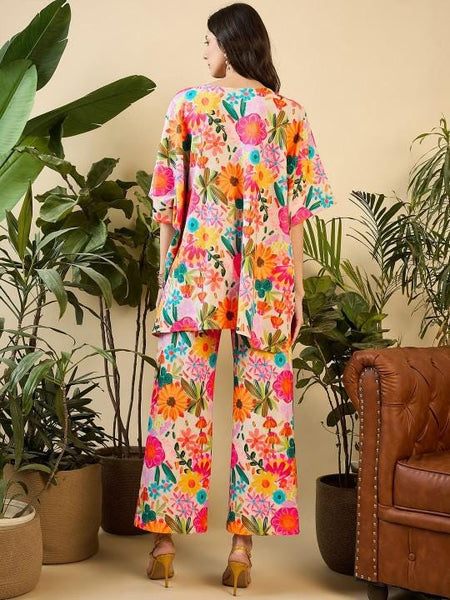 Floral Printed Notch Neck Kaftan Tunic With Trousers Co-Ords for Women, Fusion Outfit, Indian Dress, Indo Western Outfit, Kaftan Kurti Set17 VitansEthnics