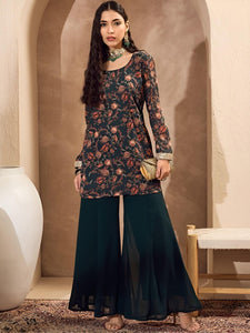 Long Sleeves Floral Printed Kurta with Palazzo For Women, Wedding Guest Indo Western Outfit, Ethnic Indian Dress, Fusion Kurti Suit Set13 VitansEthnics