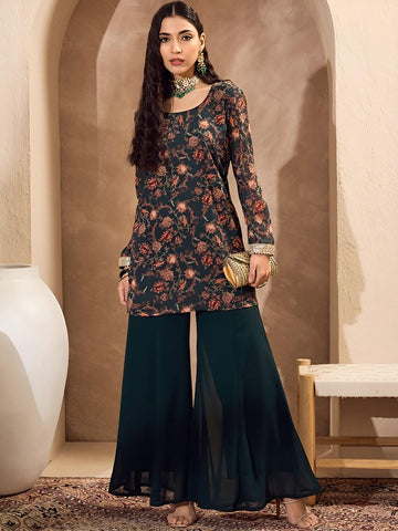 Long Sleeves Floral Printed Kurta with Palazzo For Women, Wedding Guest Indo Western Outfit, Ethnic Indian Dress, Fusion Kurti Suit Set13 VitansEthnics