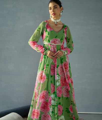 Women Floral Printed Sequinned Georgette Anarkali Gown VitansEthnics