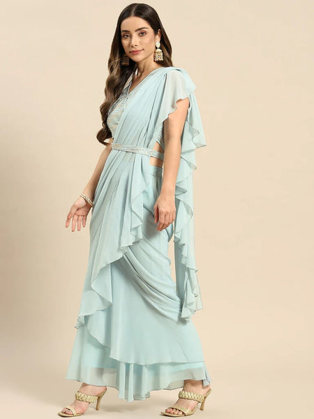 Crop Top With Skirt And Attached Dupatta Set | Pre-stitched Saree Gown vitansethnics