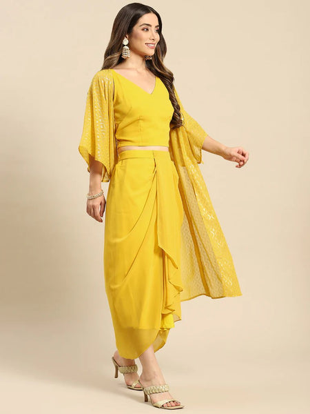 Crop Top With Dhoti Skirt And Shrug Set vitansethnics