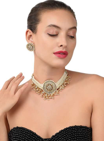 Gold-Plated White Kundan & Pearl Studded Multistrand Choker Jewelry Set VitansEthnics