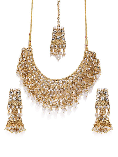 Gold-Toned AD Studded Necklace Set, Indian Jewelry, Motif Necklace Set, Wedding, Maang tikka, Bridal Set, Indian Jewellery VitansEthnics