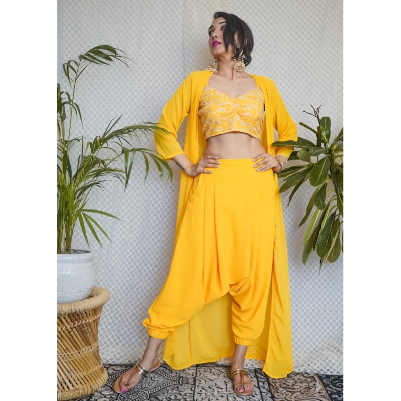 In Cut Crop Top With Low Crotch Dhoti Pants And Shrug - VitansEthnics
