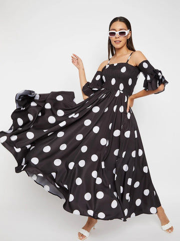 Women Black Base and White Polka Dot Printed Maxi Dress, Indo-Western Dress for women, Flared Maxi Dress, Off Shoulder Maxi Dress VitansEthnics