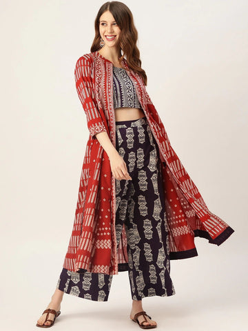 Printed Crop Top with Palazzo and Shrug VitansEthnics