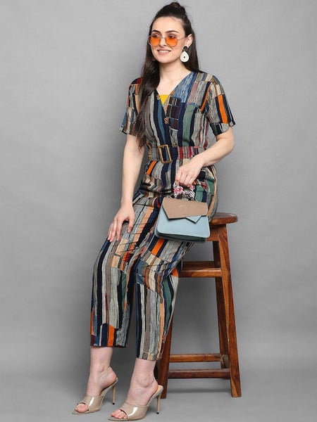 Women Abstract Printed Jumpsuit With Belt, Indian Jumpsuit For Women, Dress For Women, Indo Western Dress, Indian Dress, Fusion Outfit VitansEthnics