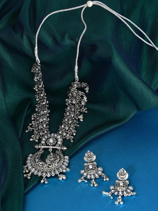 Silver-Plated Oxidised Jewellery Set, Indian Necklace With Earrings Set, Bollywood Jewelry Set, Boho Jewellery Set VitansEthnics