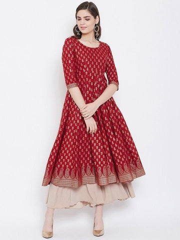 Golden Printed Empire Anarkali Kurta For Women, Indian Dress For Women, Printed Indo Western Outfit, Anarkali Dress, Kurta, Fusion Dress VitansEthnics