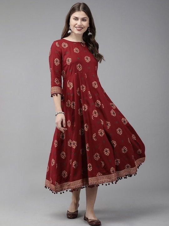 Maroon & Golden Printed Anarkali Kurta, Indian Ethnic wear, Wedding wear kurta for women, Indo Western Dress, Indian Dress For Women VitansEthnics