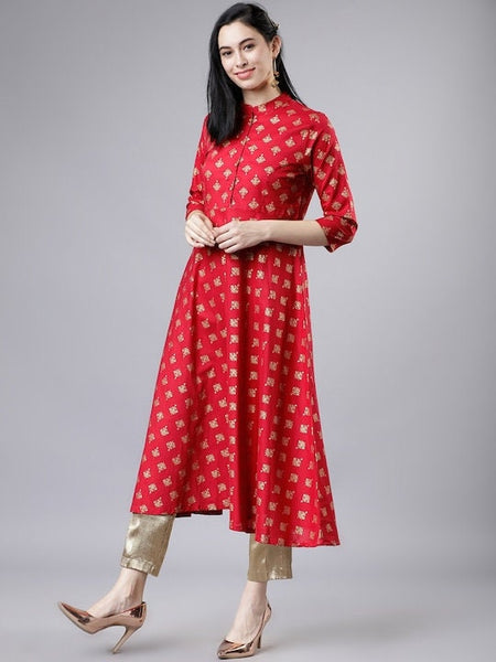 Red & Golden Printed A-Line Kurta, Ethnic Dress, Indian Dress For Women, Printed Indo Western Outfit, Anarkali Dress, Kurta, Fusion Dress VitansEthnics