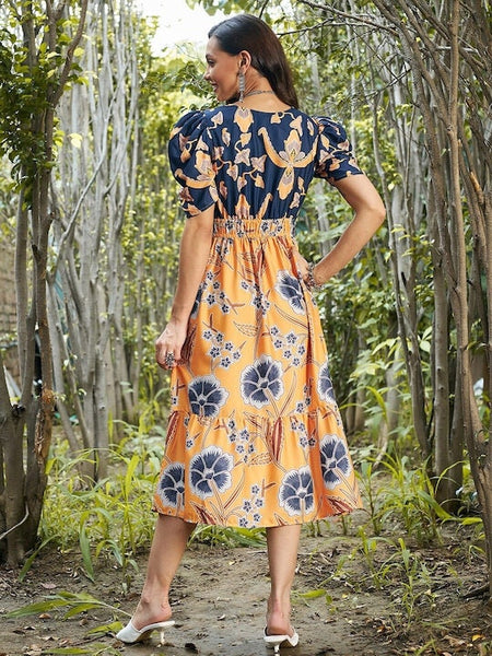 Mustard Yellow & Blue Floral Crepe Empire Midi Dress For Women, Indian Dress, Maxi Dress, Party Wear Dress, Indo Western Dress, Fusion VitansEthnics