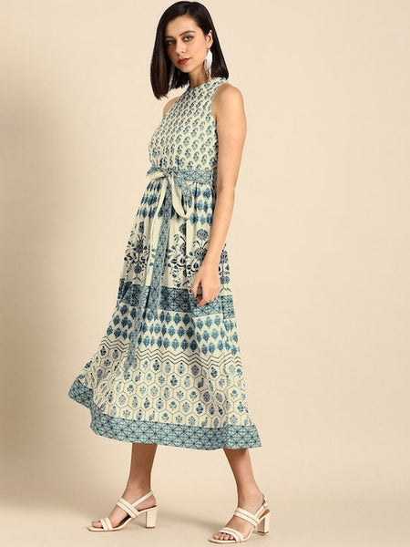 Off White & Navy Blue Ethnic Digital Print Crepe A-Line Midi Dress With Belt, Indo-Western Maxi Dress, Indian Outfit, Dresses For Women VitansEthnics