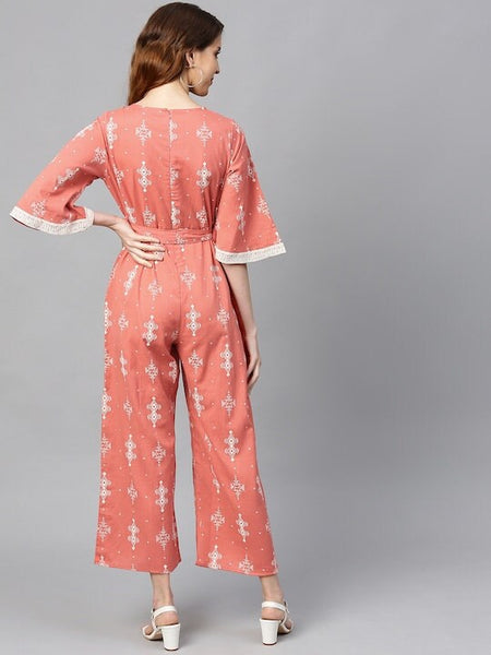 Peach & Off-White Printed Jumpsuit, Designer Indian Jumpsuit For Women, Indo Western Dress, Jumpsuits For Women, Fusion Wear For Women VitansEthnics