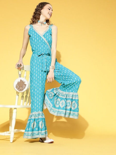 Designer Indian Turquoise Blue Printed Jumpsuit For Women, Indo-Western Dress, Party Wear Indian Outfit, Indo western Outfit VitansEthnics