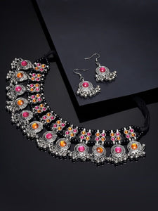 Oxidised Silver Toned Yellow & Pink Stone Studded Handcrafted Choker Jewellery Set For Women, Indian Choker With Earrings Set, Choker Set VitansEthnics