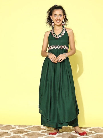 Green Embroidered Halter Neck Kurta With Palazzo For Women, Kurti Set For Women, Indian Suit Set, Indo Western Outfit, Fusion Indian Dress VitansEthnics