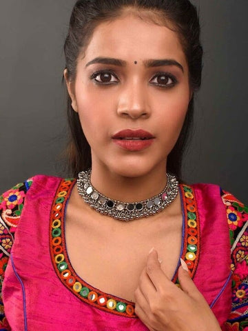 Oxidised Silver-Plated Choker, Mirror Work Choker Necklace