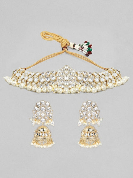 Gold-Plated White Kundan Studded & Beaded Handcrafted Jewelry Set