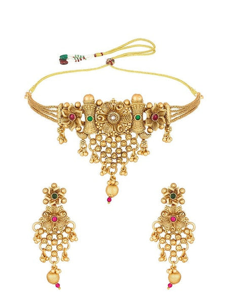 Gold-Plated Pink & Green Pearl Studded Temple Choker Jewelry Set