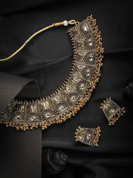 Oxidised Gold Plated Kundan Studded & Beaded Handcrafted Jewelry Set
