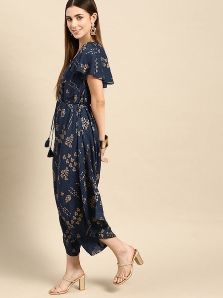 Designer Indian Navy Blue & Golden Ethnic Motifs Printed Dhoti Jumpsuit, Indo Western Dress, Jumpsuits For Women, Fusion Wear For Women VitansEthnics