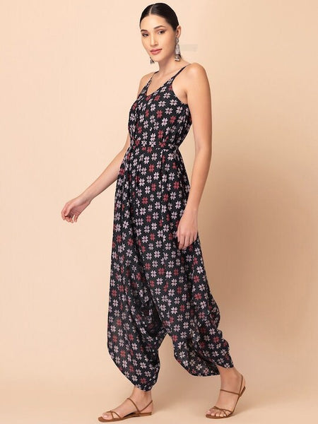 Designer Indian Floral Printed Shoulder Straps Jumpsuit, Indo Western Dress, Jumpsuits For Women, Fusion Wear For Women VitansEthnics