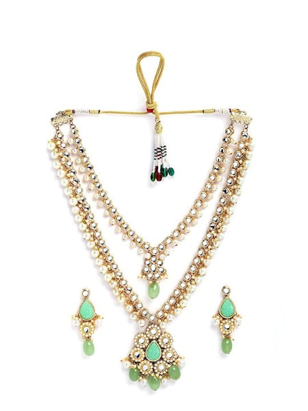 Gold-Plated Lime Green Stone & White Kundan Studded Jewelry Set For Women