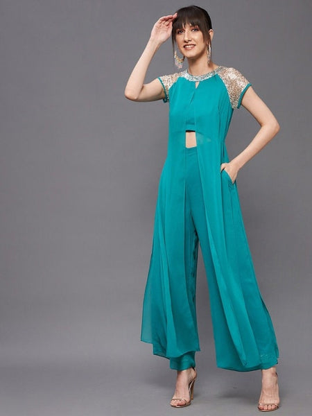 Turquoise blue and gold-toned embellished layered jumpsuit For Women, Indo Western Dress, Party Wear Indian Dress, Jumpsuits, Fusion Wear VitansEthnics