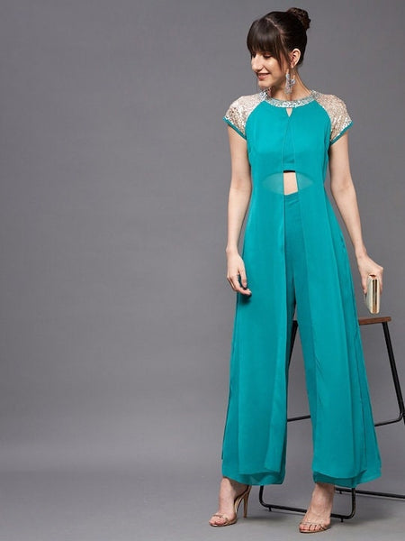 Turquoise blue and gold-toned embellished layered jumpsuit For Women, Indo Western Dress, Party Wear Indian Dress, Jumpsuits, Fusion Wear VitansEthnics